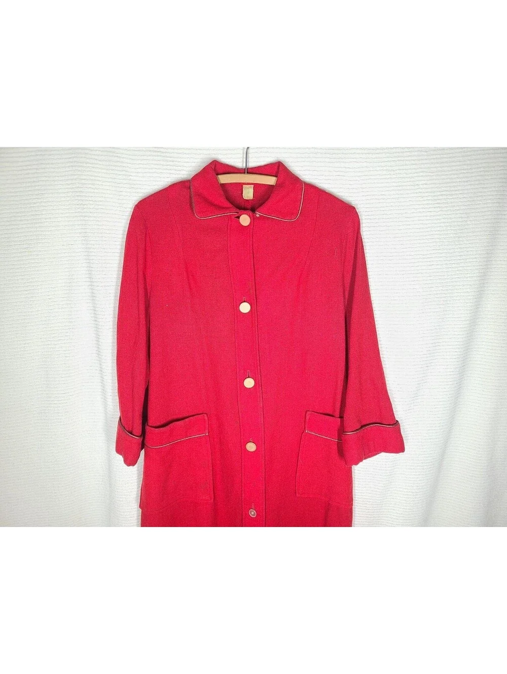 1950s Royal Robe 100% Wool Red Belt Back Satin Piping Housecoat Mens Unisex